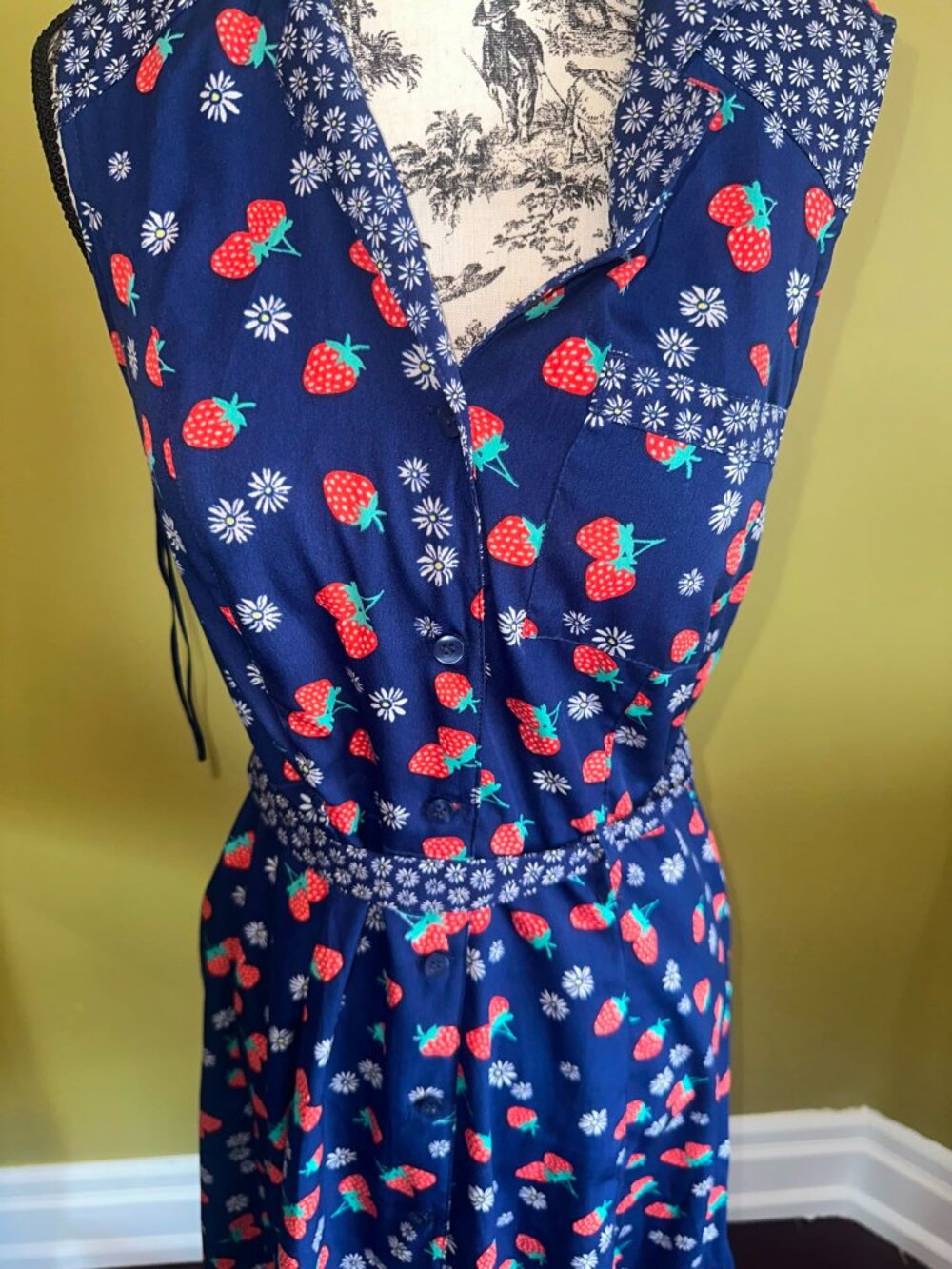 Vintage Retro Strawberry Print Midi Collared Dress Blue Daisy Cottagecore Summer - Picture 13 of 13